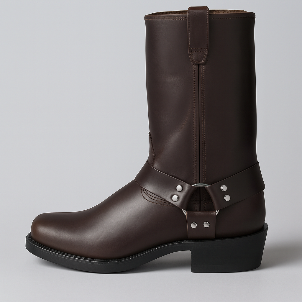 Women's brown leather cowboy boots with Western buckle detail, rugged yet elegant winter style