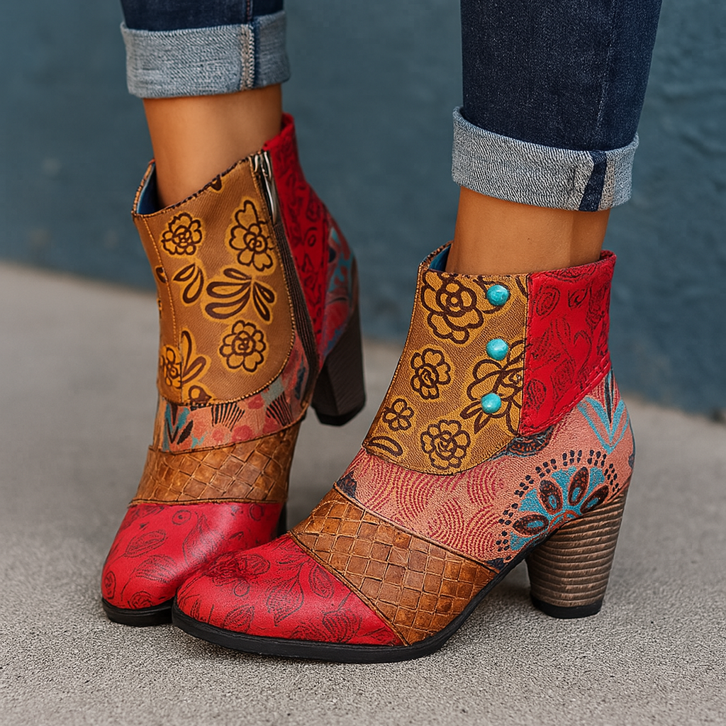 Women's floral-patterned heeled boots with mid-height heel, bold botanical print, elegant feminine style