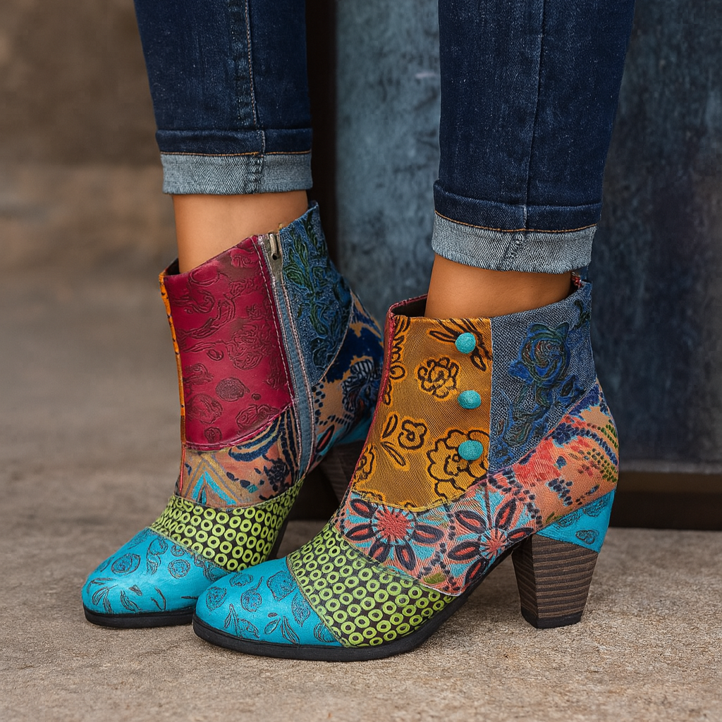 Women's Ella floral-patterned heeled boots elegant mid-height heel all-day comfort feminine style
