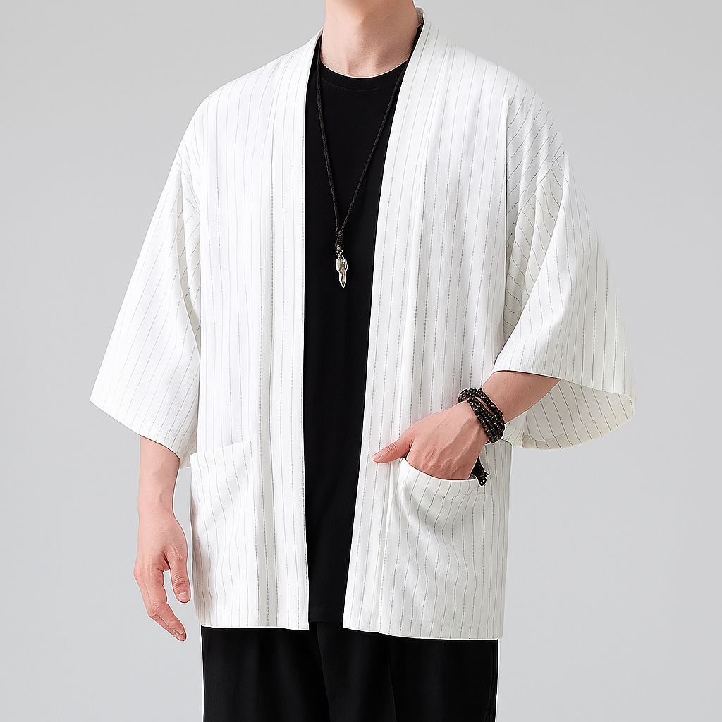 Women's lightweight Japanese Haori kimono jacket, open-front wide sleeves relaxed silhouette for layering