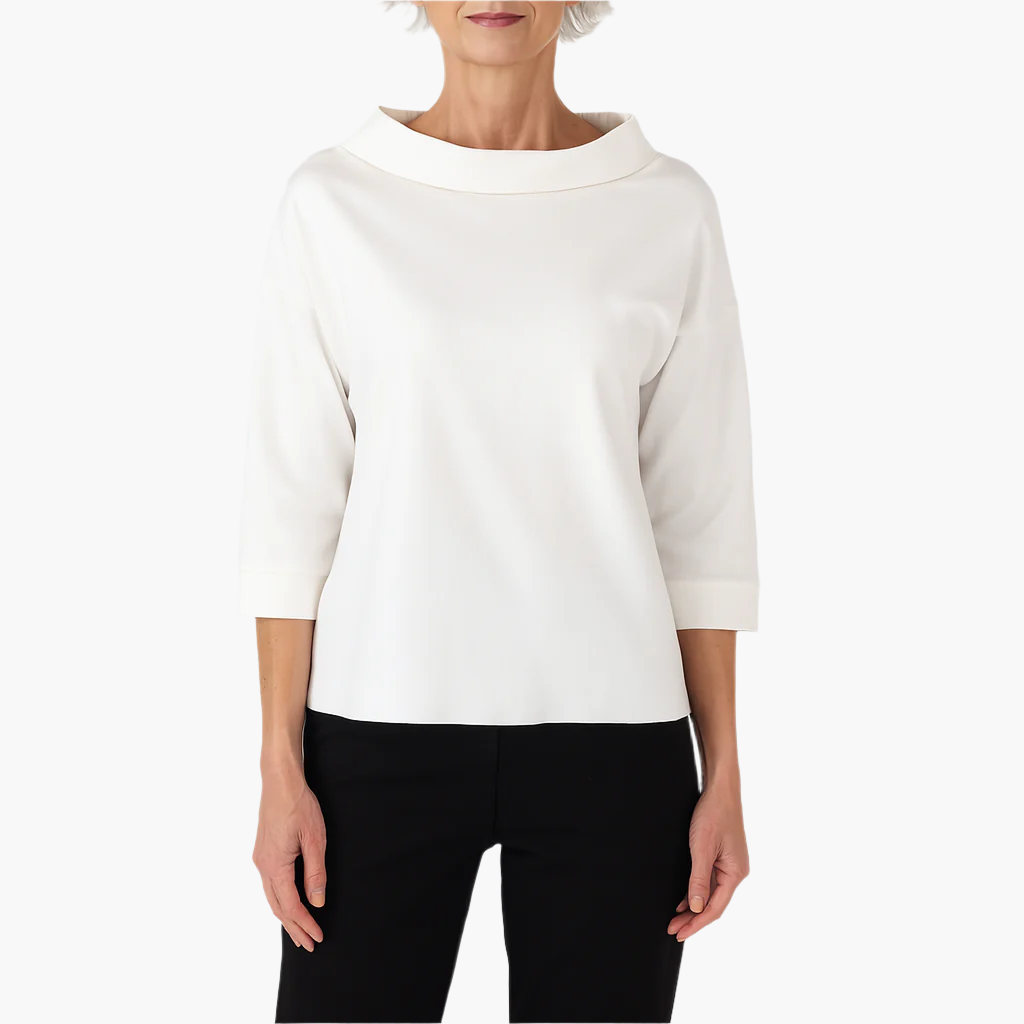 Women's elegant stand-up collar top, chic versatile cut with slightly flared 3/4 sleeves