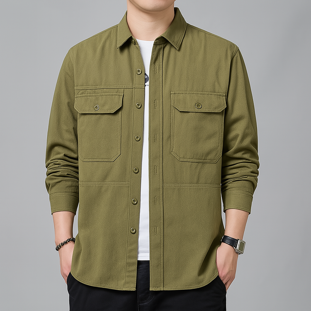 Takao utility overshirt light cotton blend tailored fit structured collar dual chest pockets workwear