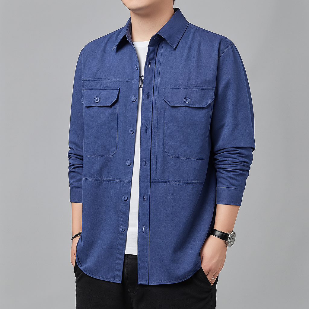 Takao utility overshirt lightweight cotton blend tailored fit structured dual chest pockets workwear