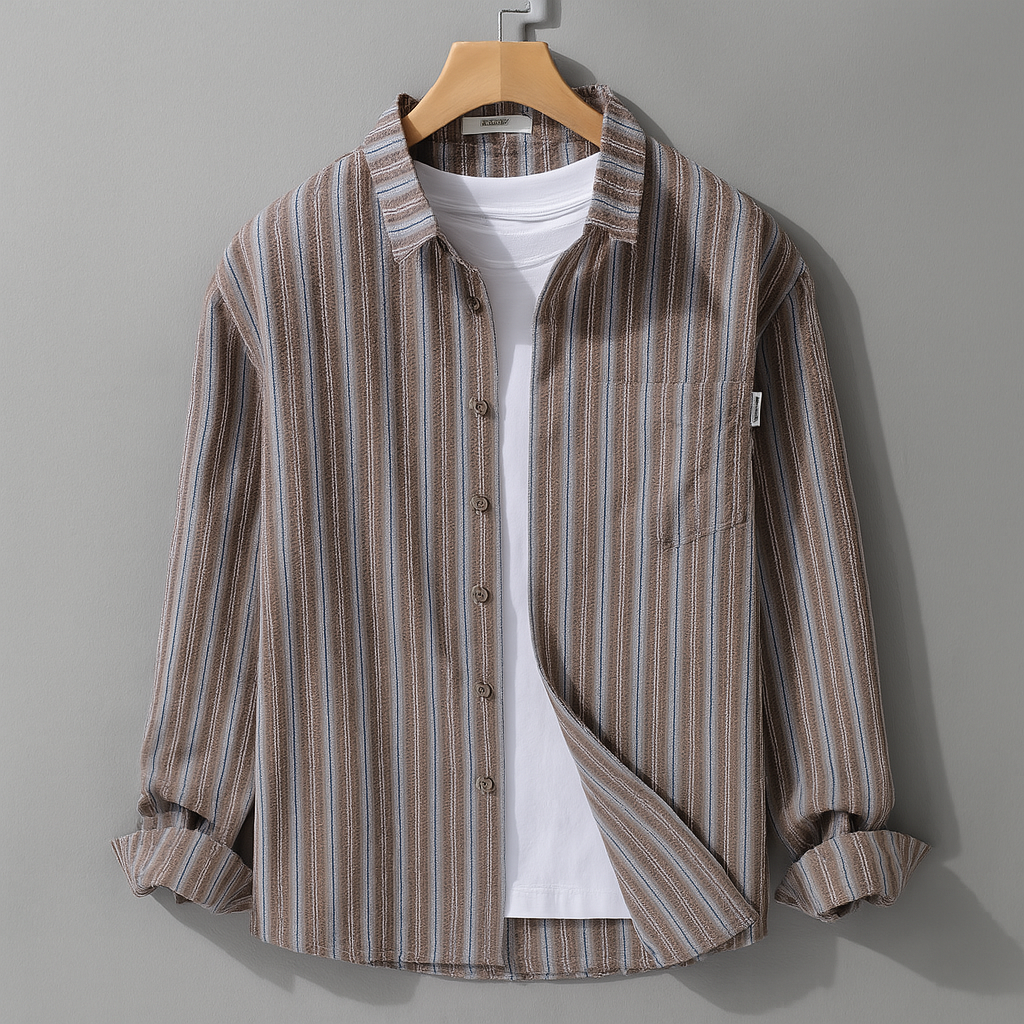 Muted pinstripe long sleeve shirt relaxed Japanese-inspired fit with soft natural draping everyday style