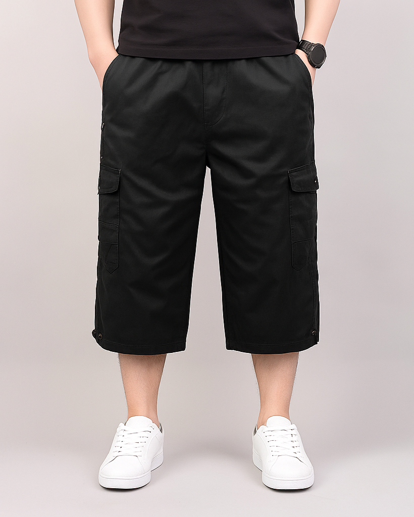 Men's garment-washed cotton cargo shorts relaxed knee-length fit with dual flap pockets