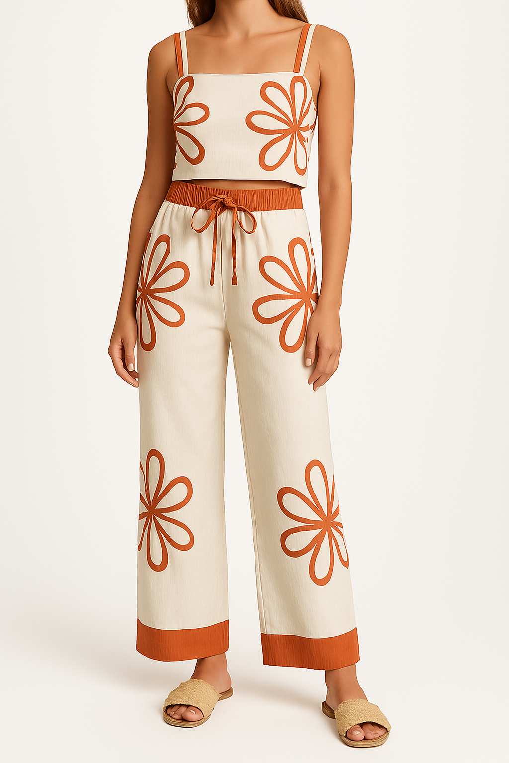 Women's floral cotton lounge set with relaxed cropped top and wide-leg pants, lightweight breathable