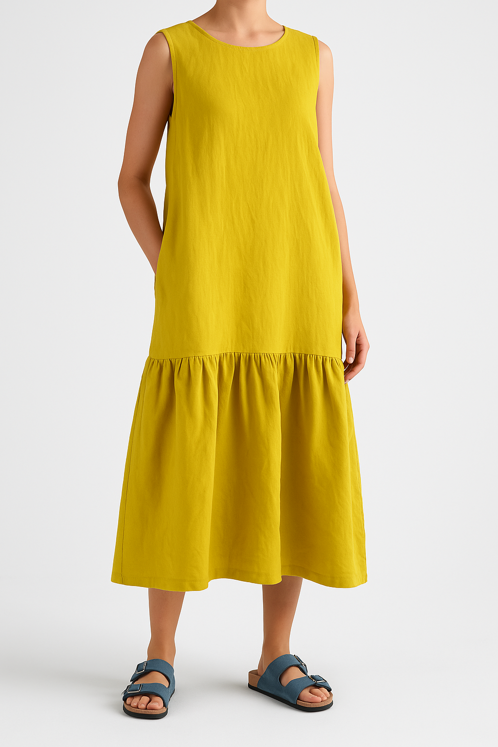 Women's linen midi dress sleeveless loose fit ruffle edge hem breathable casual everyday wear