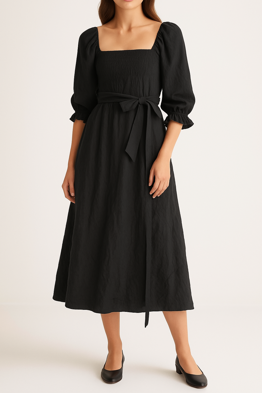 Sage green cotton midi dress reversible smocked bodice puff sleeves A-line flowy skirt two-in-one