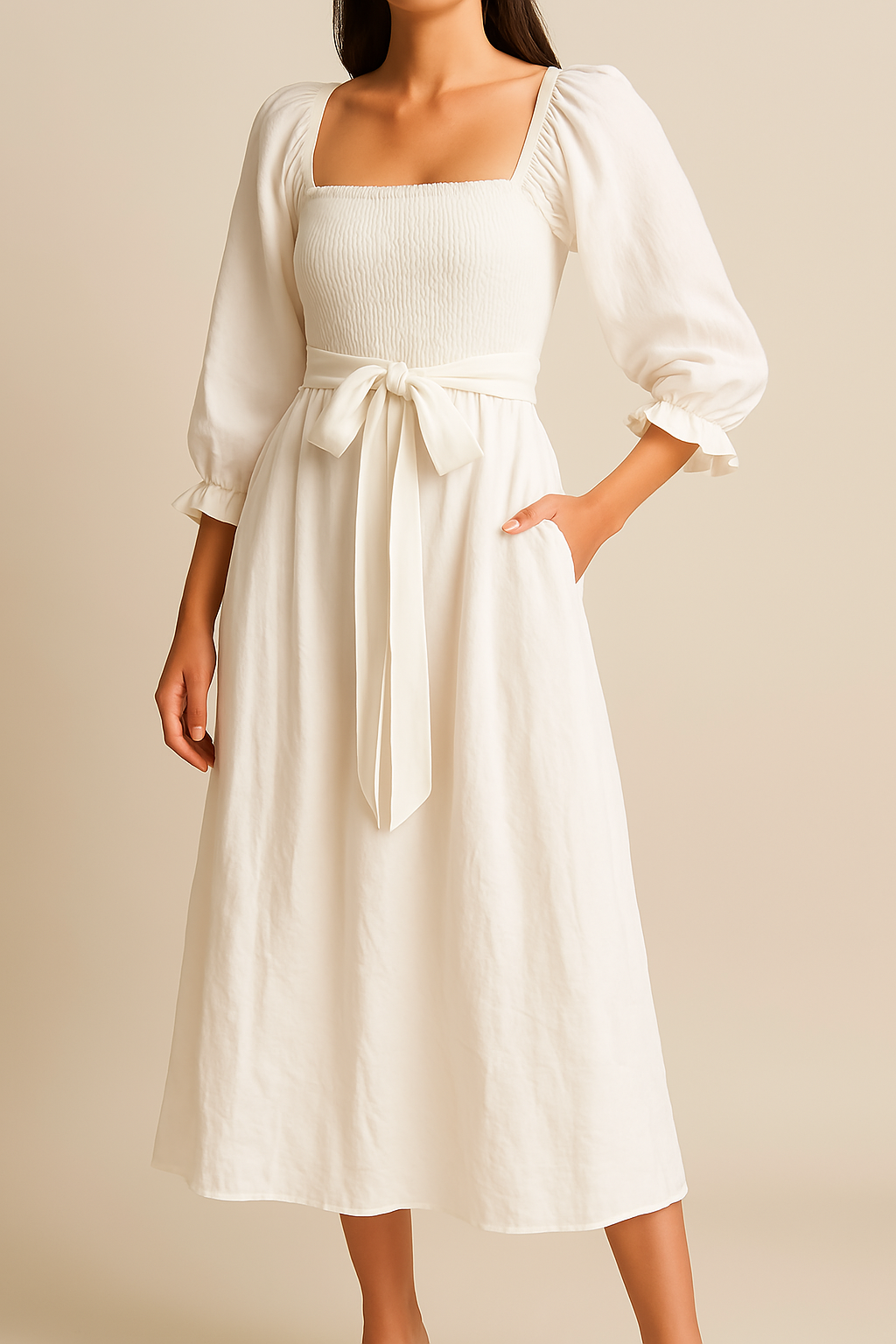 Sage green cotton midi dress reversible smocked bodice puff sleeves A-line flowy skirt two-in-one