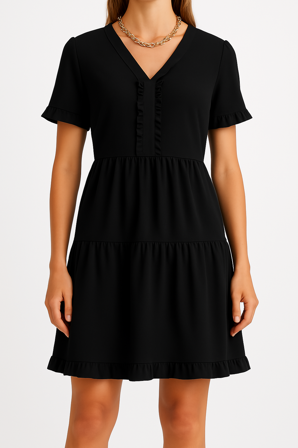 Women's A-line V-neck dress with tiered layered skirt, casual everyday style for modern comfort