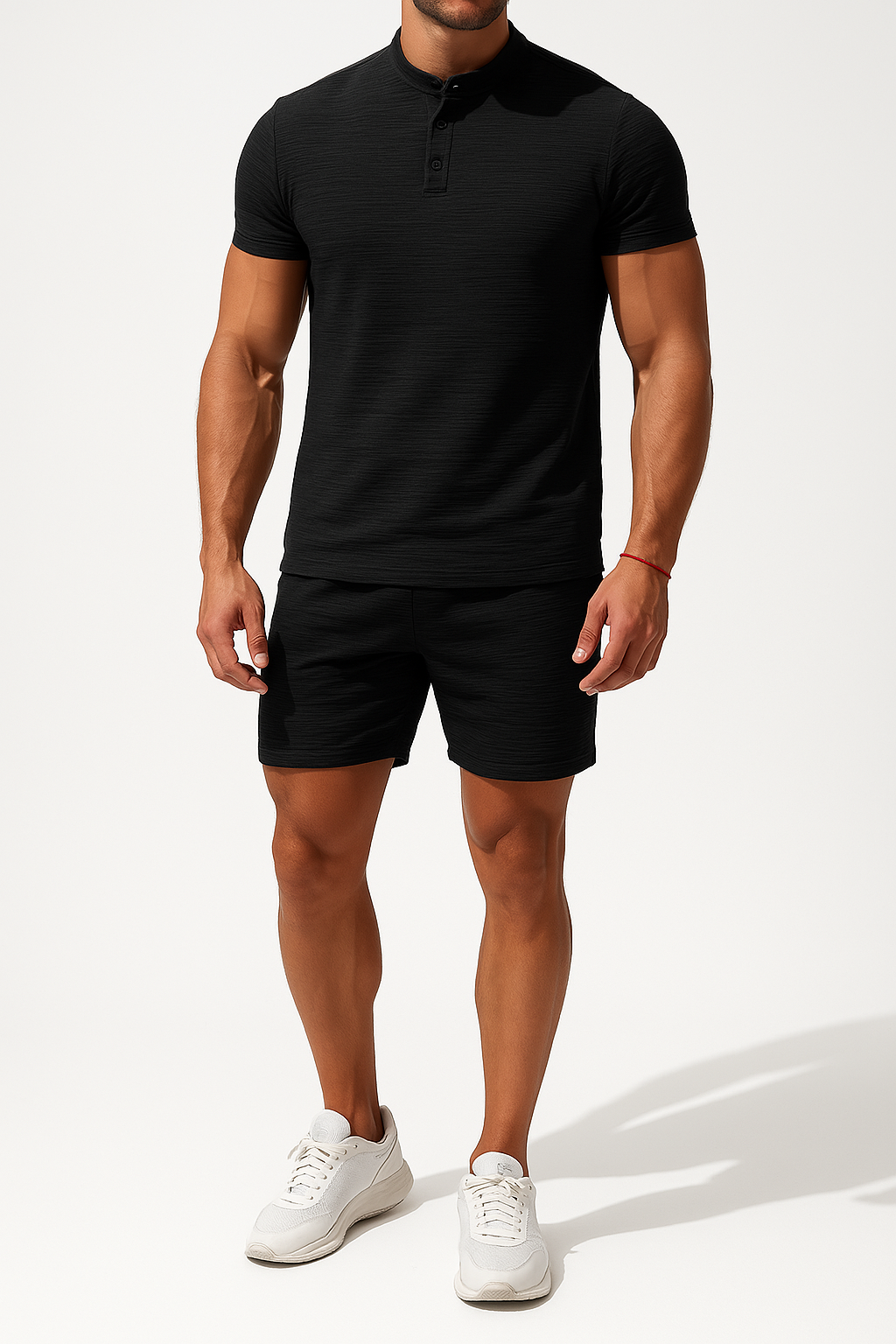 Men's beige cotton linen Henley T-shirt and shorts set, relaxed fit breathable summer casual outfit
