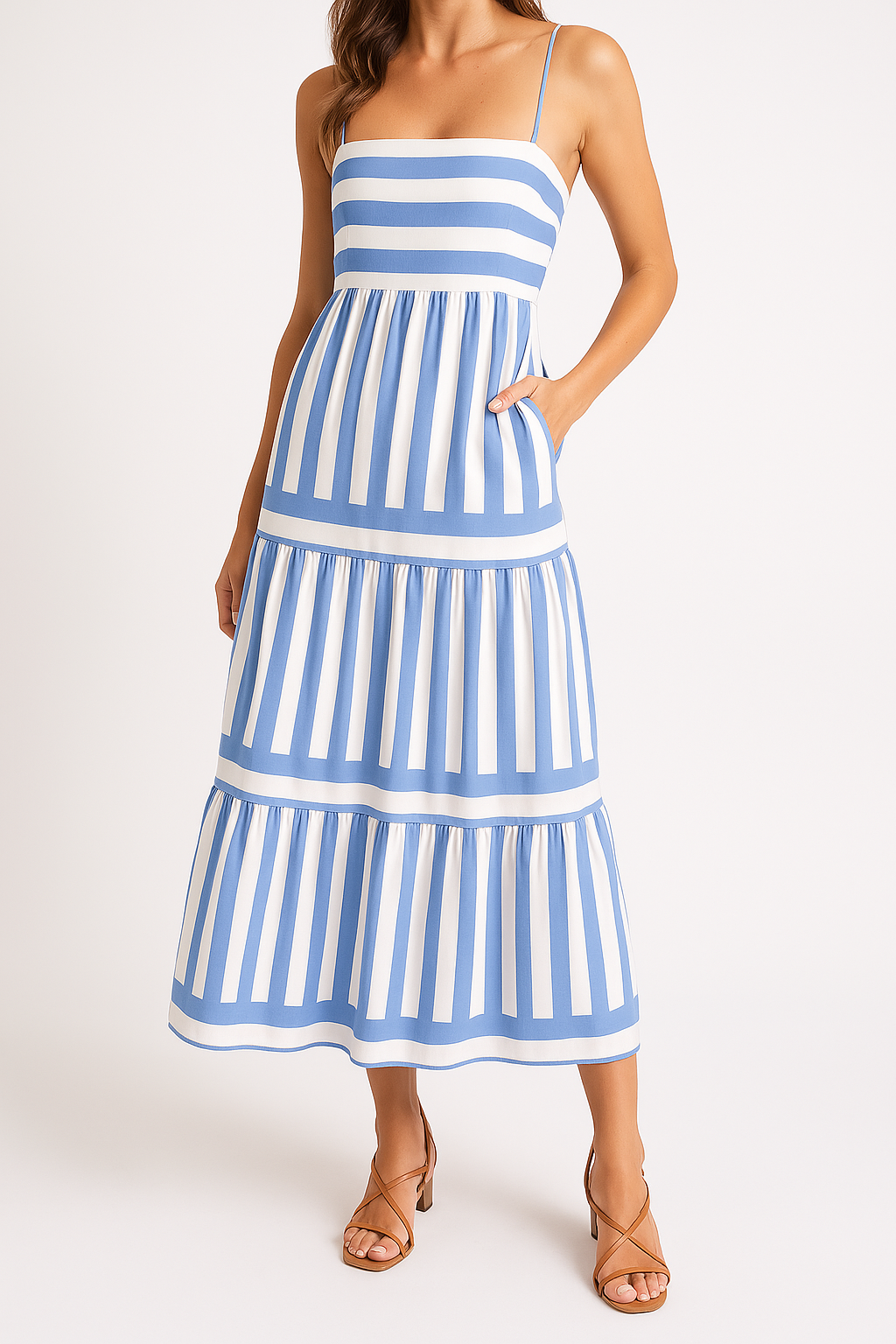 Women's striped cotton maxi sundress A-line silhouette tiered design casual summer vacation style