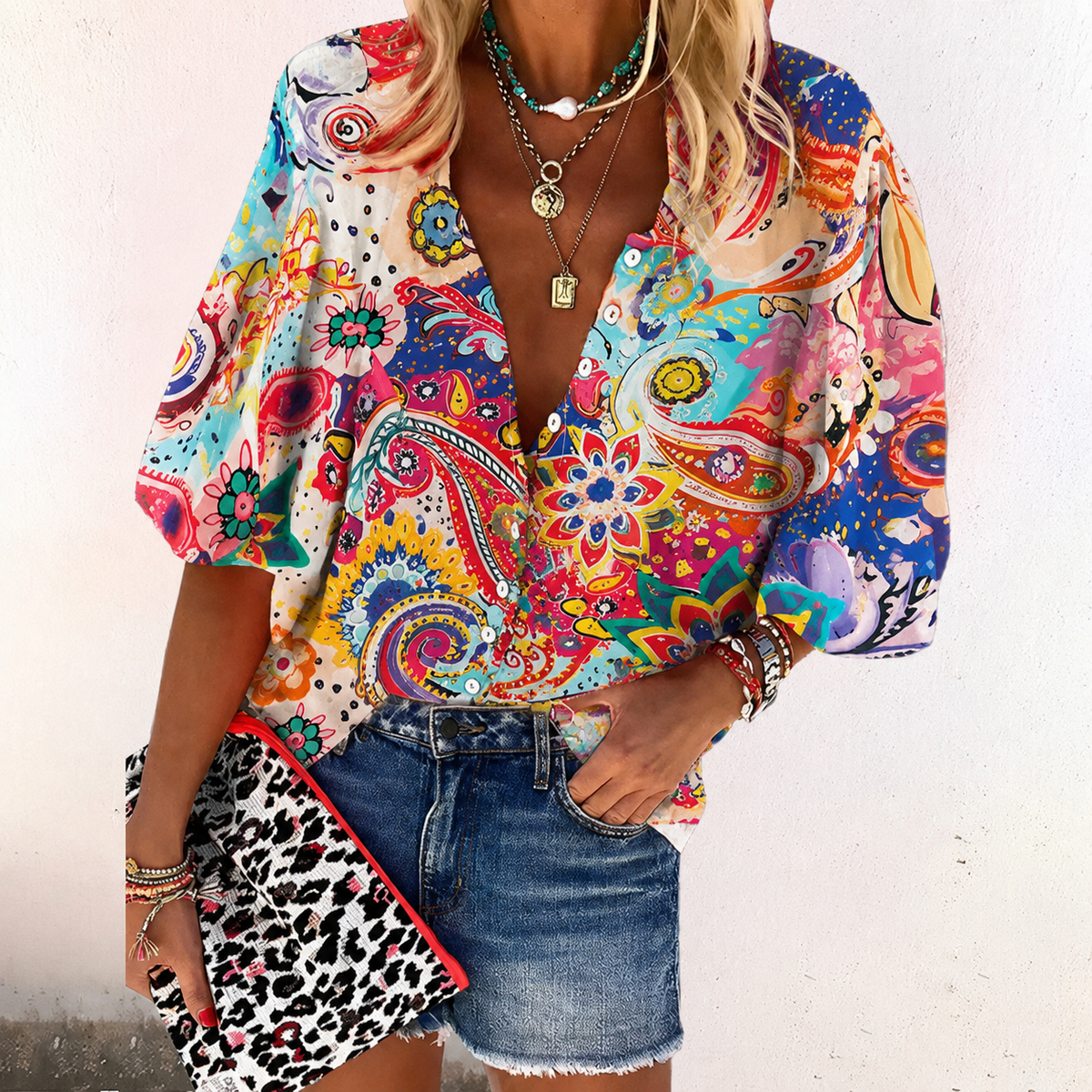 Zara | Women's Boho Print Blouse V-Neck Long Sleeve Button Down