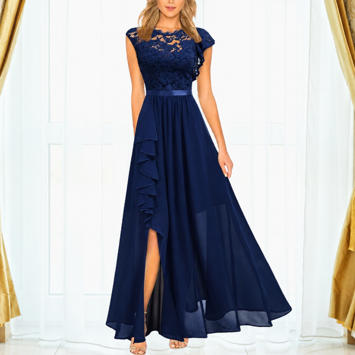 Grace | Women's Lace Chiffon Maxi Dress Ruffle Split Formal
