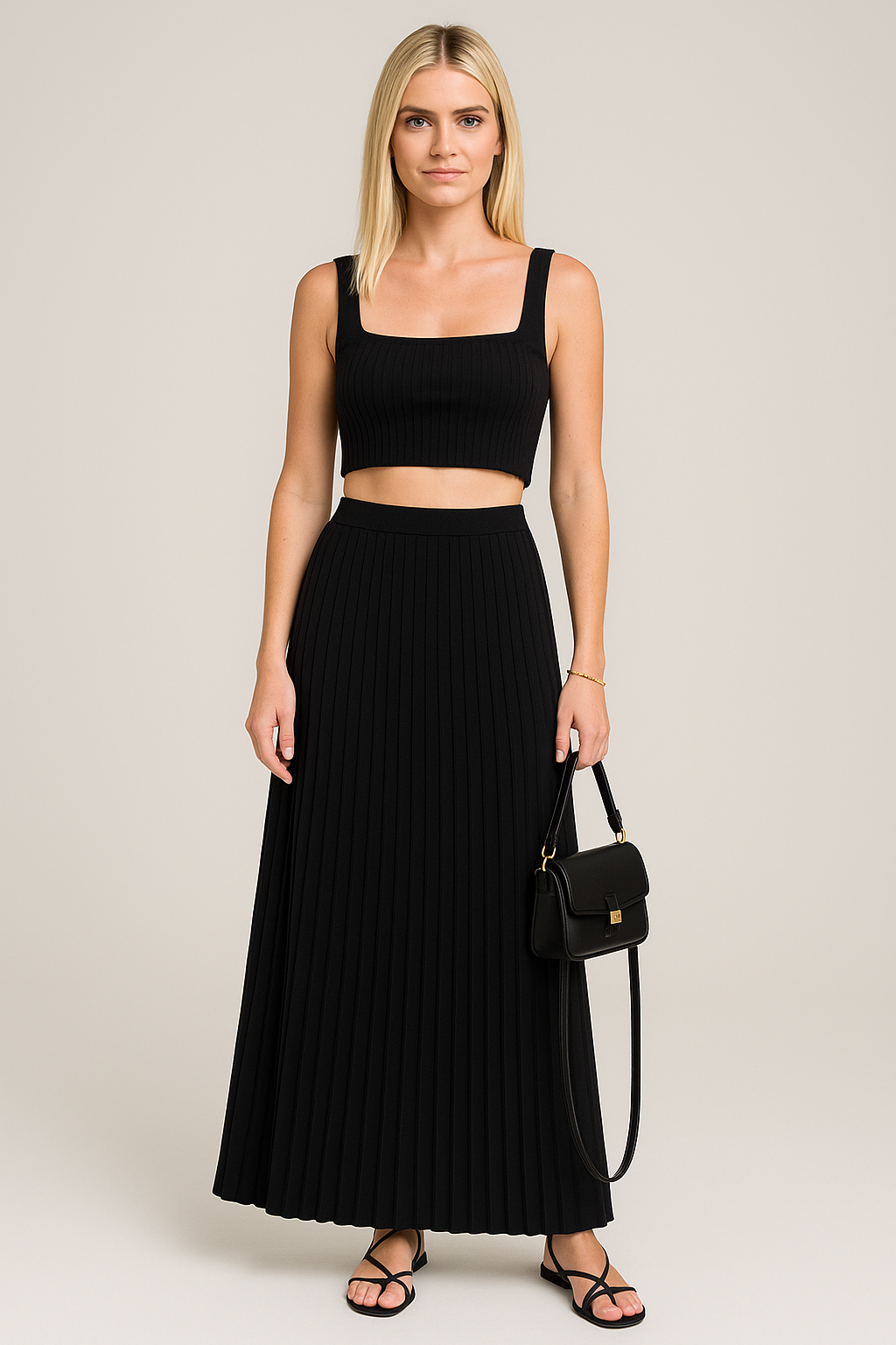 Women's cropped slim-fit ribbed knit tank top square neckline wide straps warm-weather essential