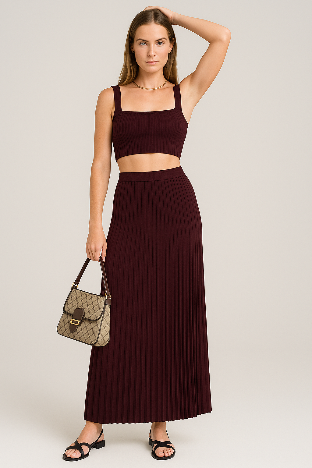 Women's cropped slim fit ribbed knit tank top square neckline wide straps warm-weather essential