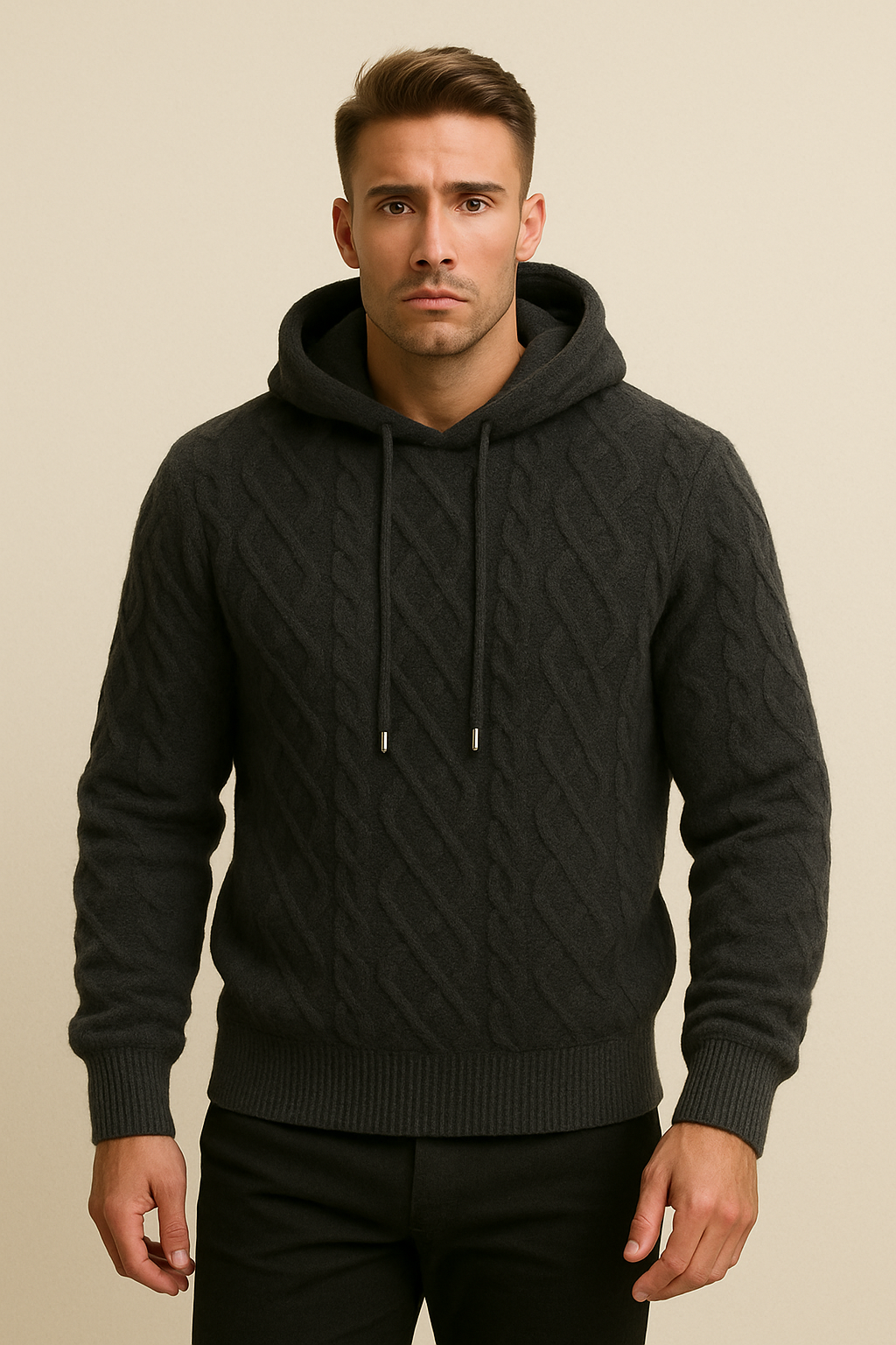 Men's winter knit hoodie in cozy neutral tones, relaxed fit with soft textured pattern for casual wear