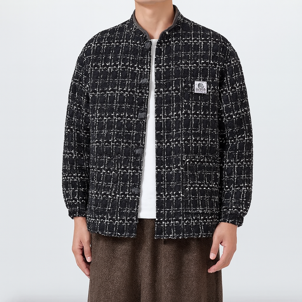 Ivory tweed boxy jacket with East Asian pankou knot closures and structured relaxed silhouette