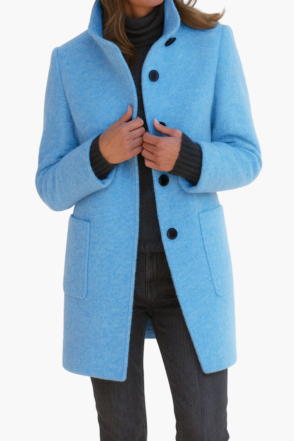 Women's straight-fit city coat with stand-up collar in classic autumn-winter style, wind-resistant