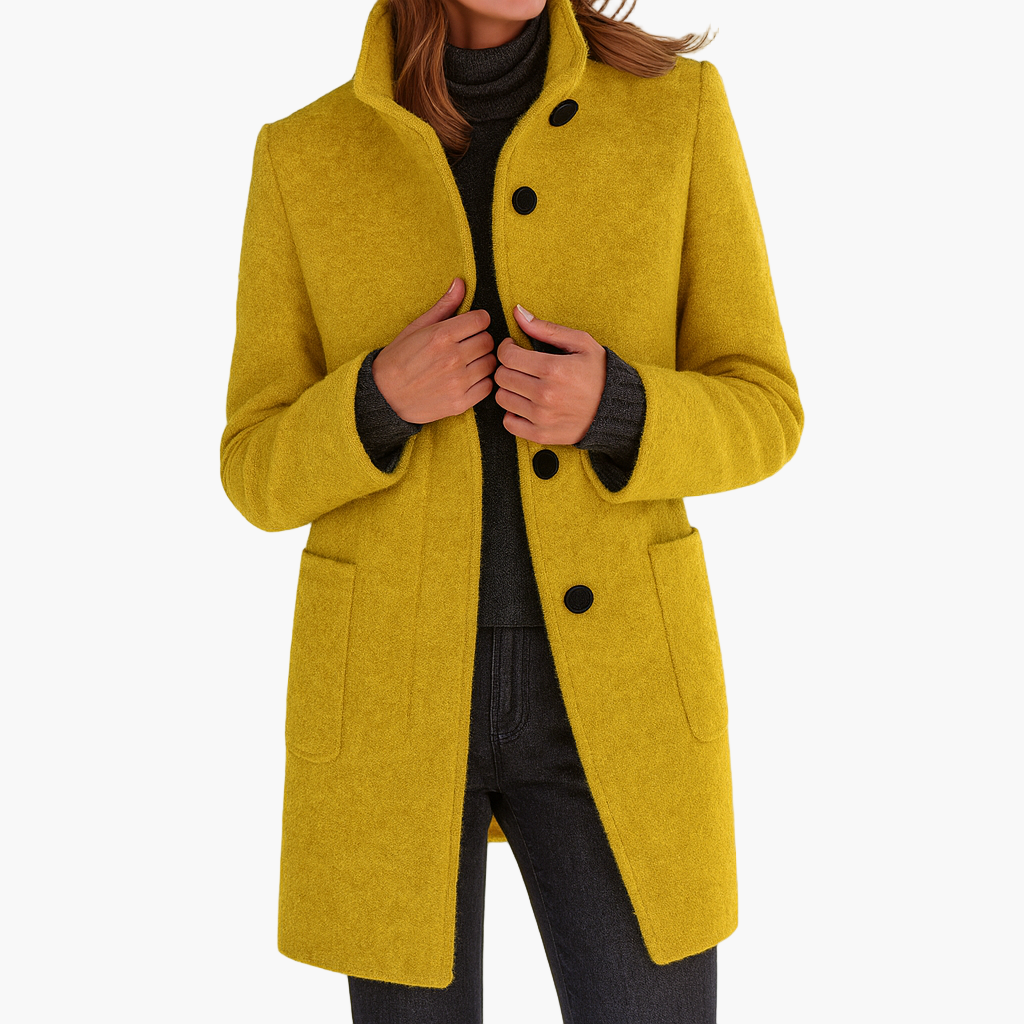 Women's straight-fit city coat with stand-up collar in classic autumn-winter elegant style