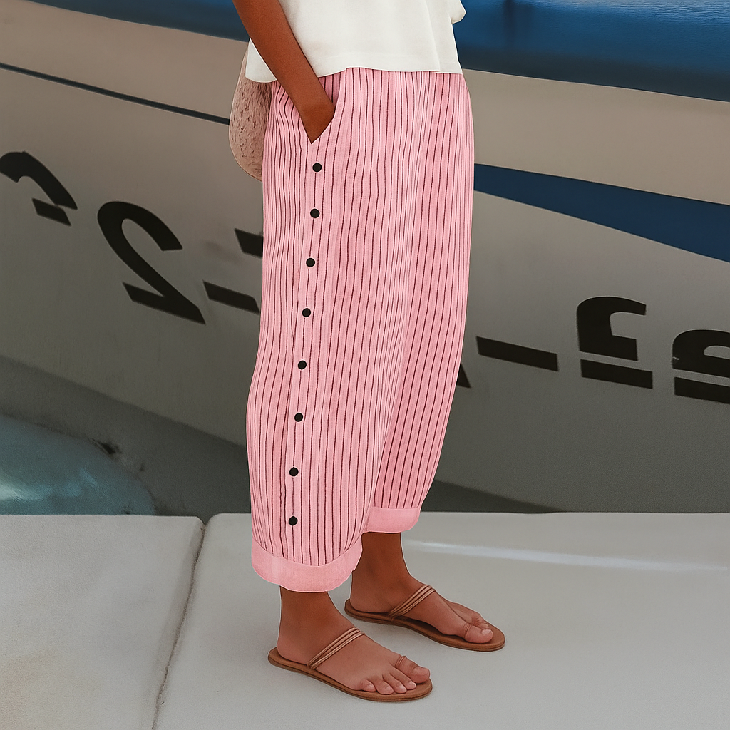 Women's striped linen blend pants relaxed straight ankle-length cut breezy breathable summer travel