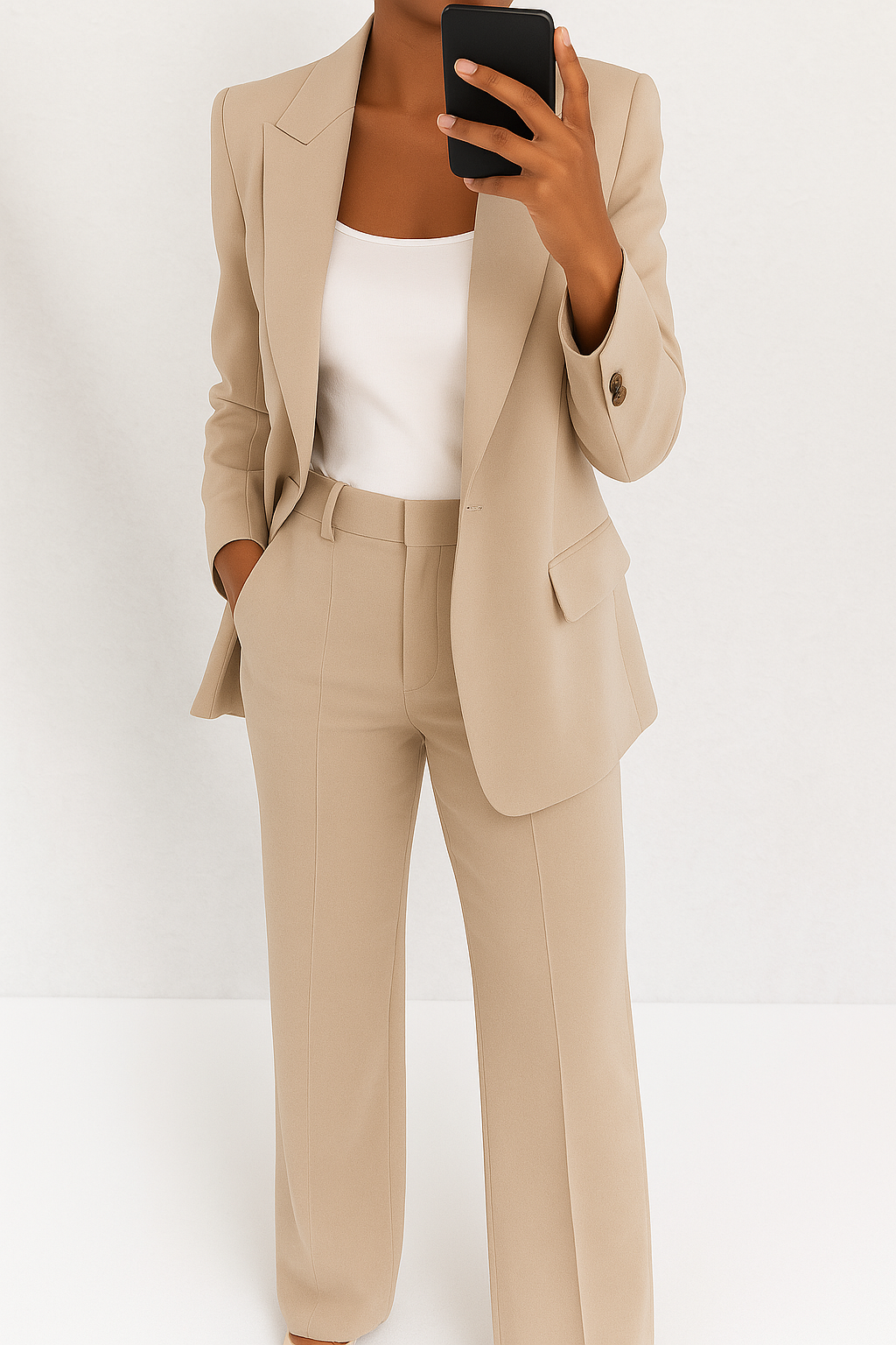 Women's tailored classic blazer and pants two-piece set in professional polished silhouette