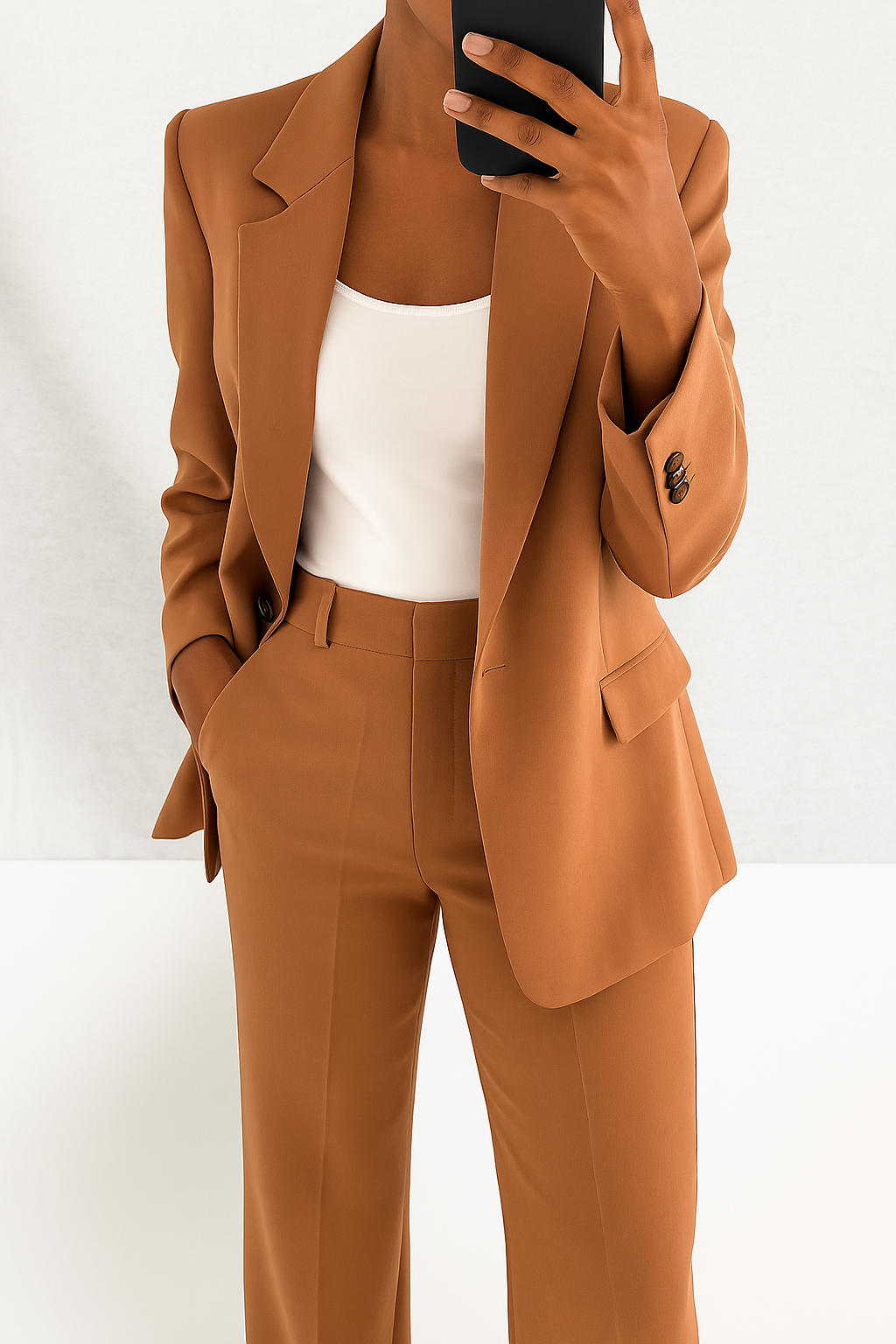 Women's black tailored classic blazer and pants two-piece set with sharp professional silhouette