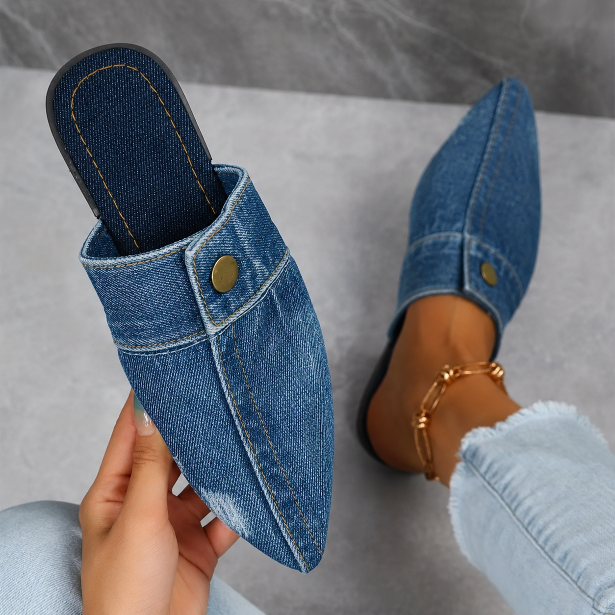 Sofia | Women's Pointed Toe Denim Mule Slip-On Flat Slides