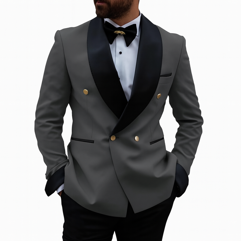 Men's red tailored double-breasted tuxedo suit black shawl lapel gold buttons 2-piece formal groom set