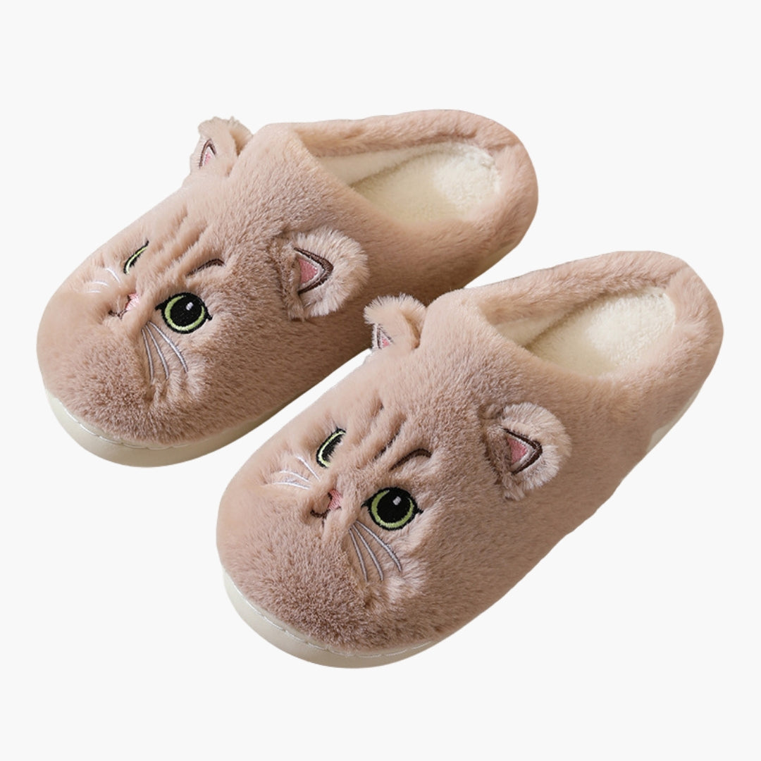 Women's cozy closed-toe slip-on slippers with embroidered cat face design for indoor warmth