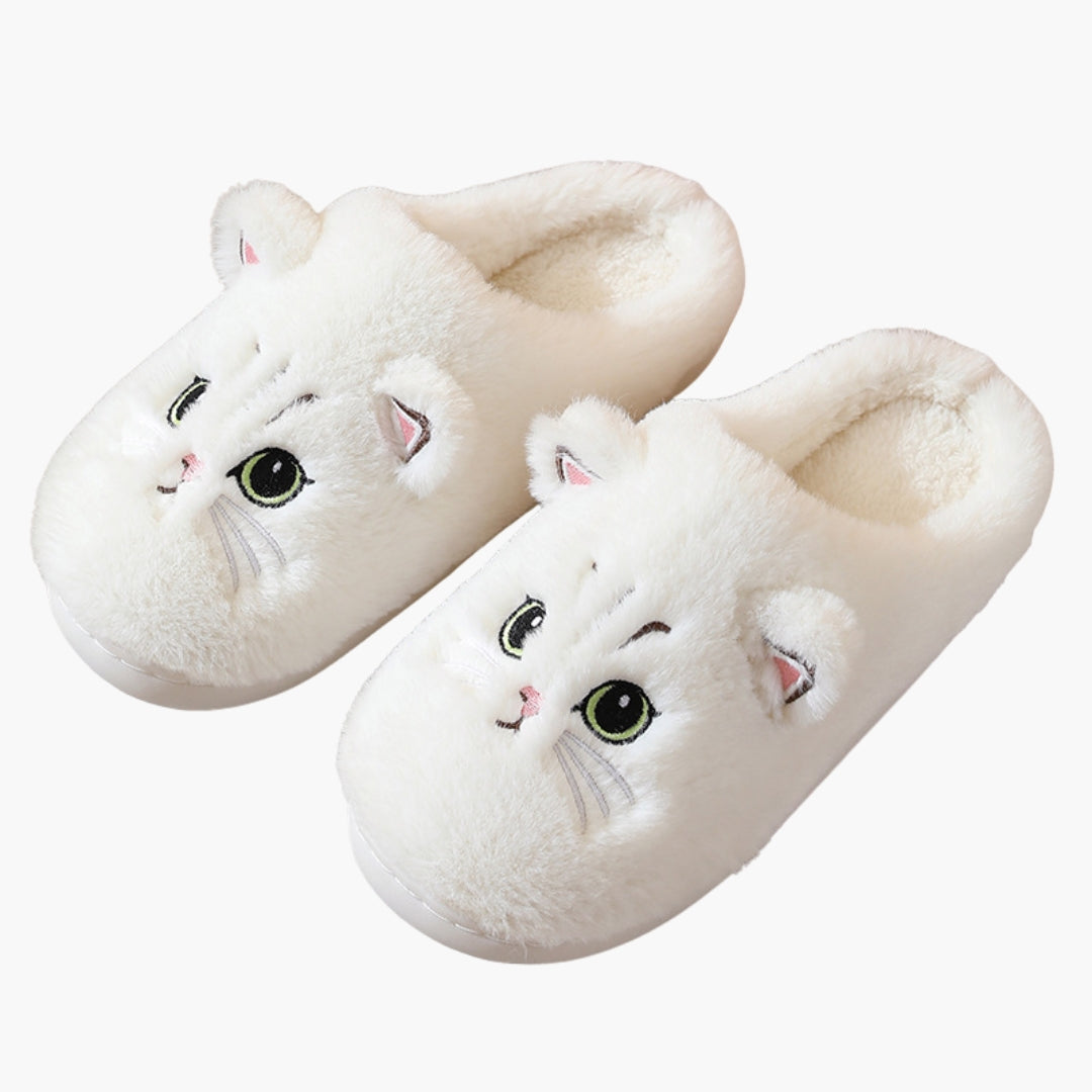 Women's cozy closed-toe slip-on slippers with embroidered cat face design for indoor warmth