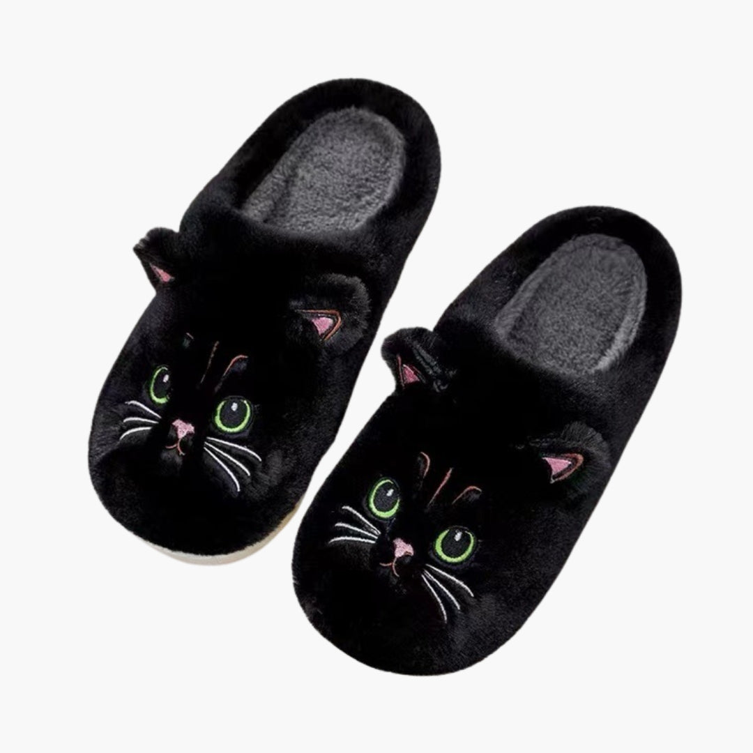 Women's cozy closed-toe slip-on slippers with embroidered cat face design for indoor warmth