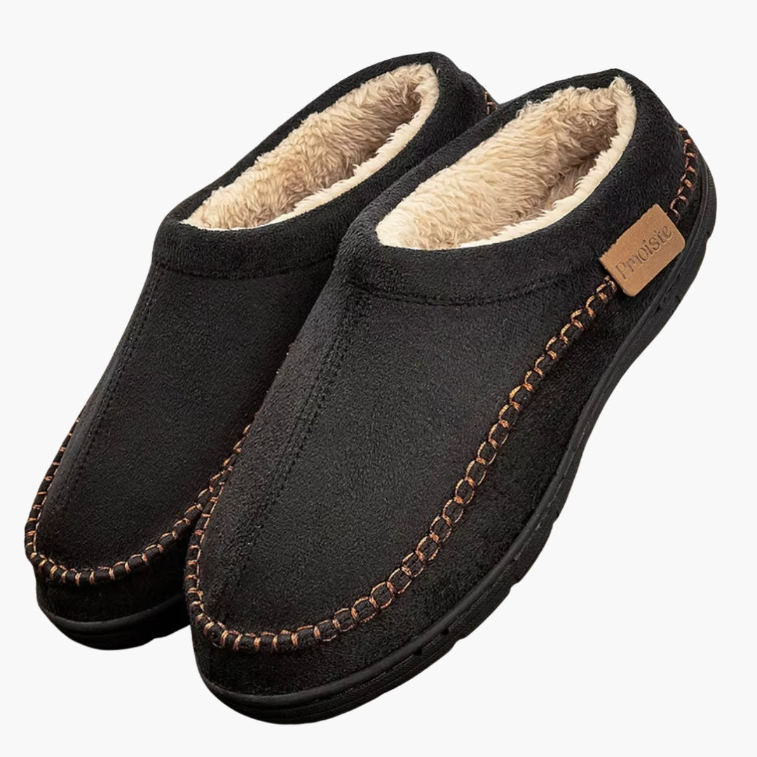 Men's gray slip-on house slippers with thick padded lining and textured grip sole for indoor comfort