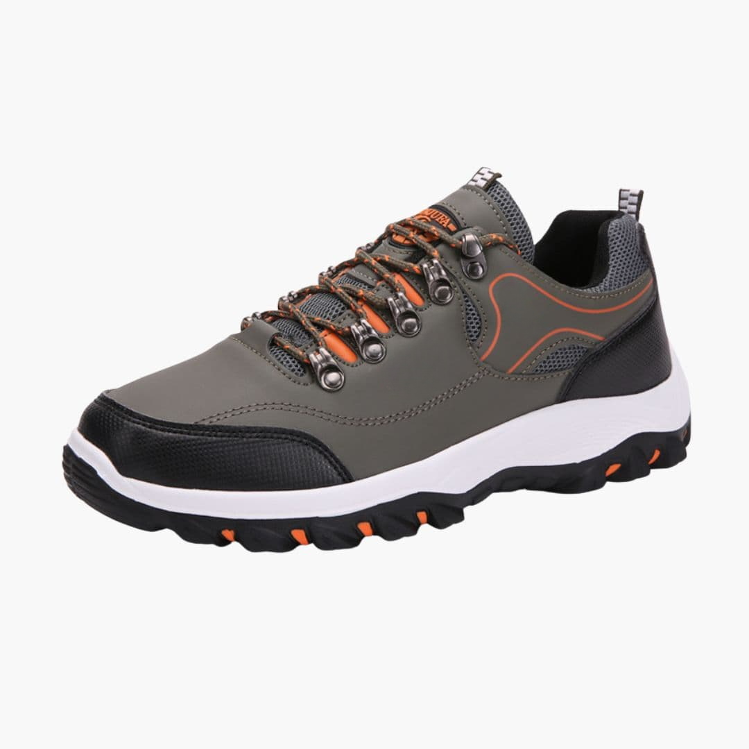 Men's lace-up trekking hiking shoes with mesh upper, textured grip sole, and reinforced eyelets