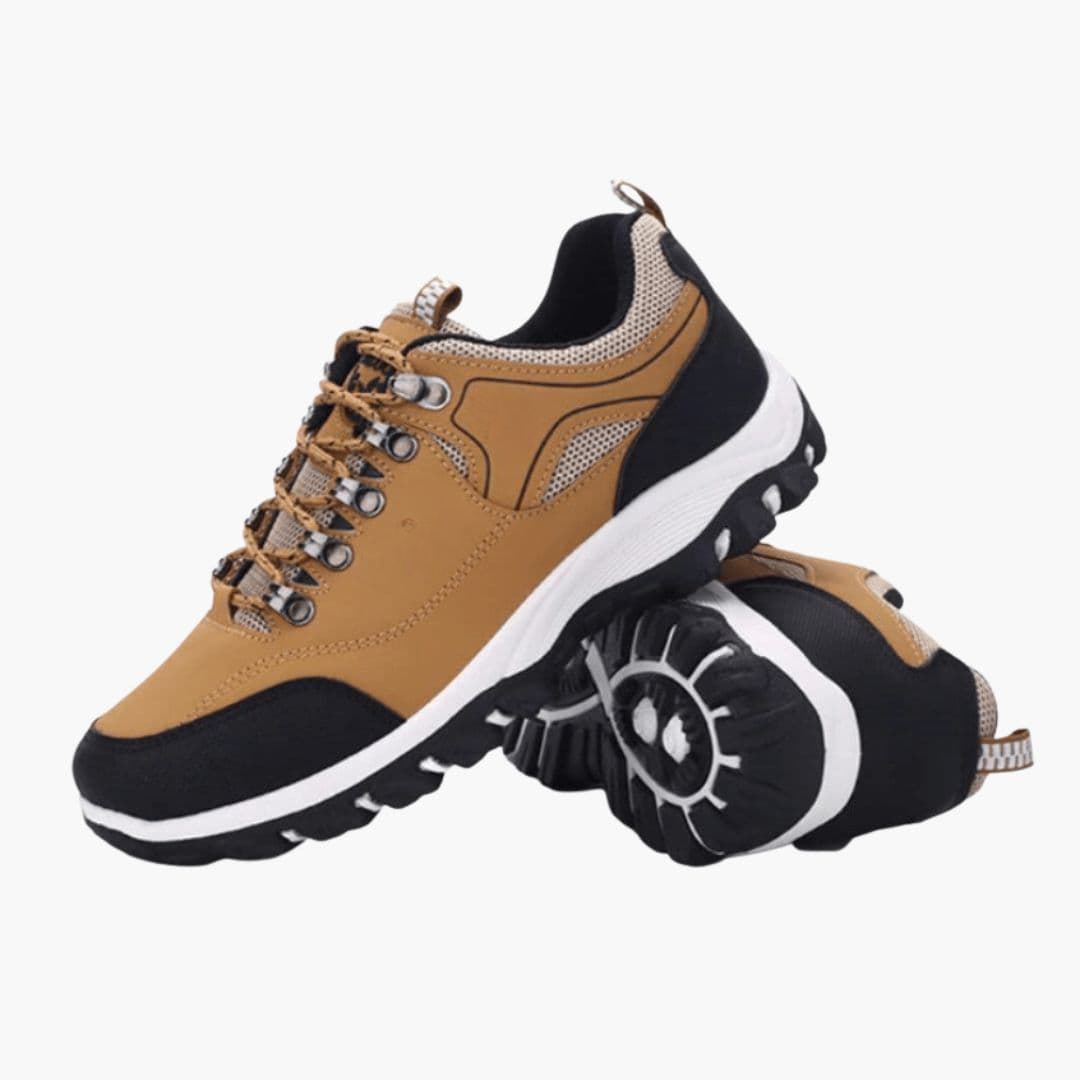 Men's lace-up trekking shoes with mesh upper and textured grip sole for trail hiking