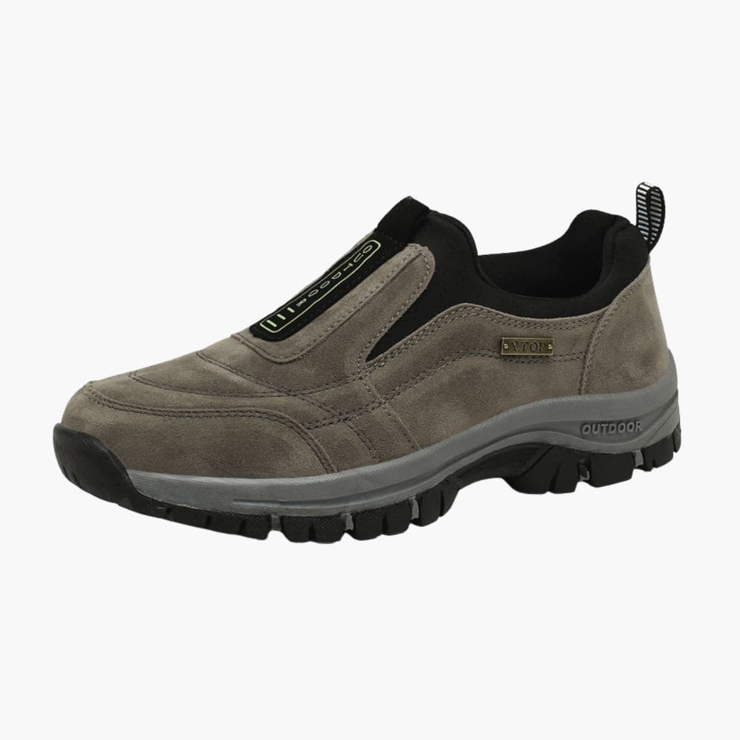 Men's slip-on hiking shoes with elastic gore panels, lace-free design for all-terrain traction