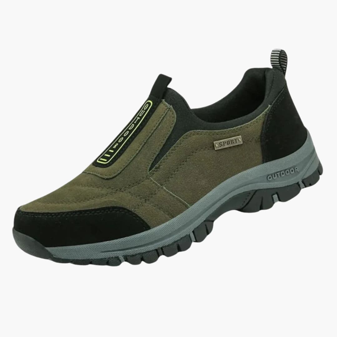 Men's slip-on hiking shoes with elastic gore panels, lace-free design for all-terrain traction