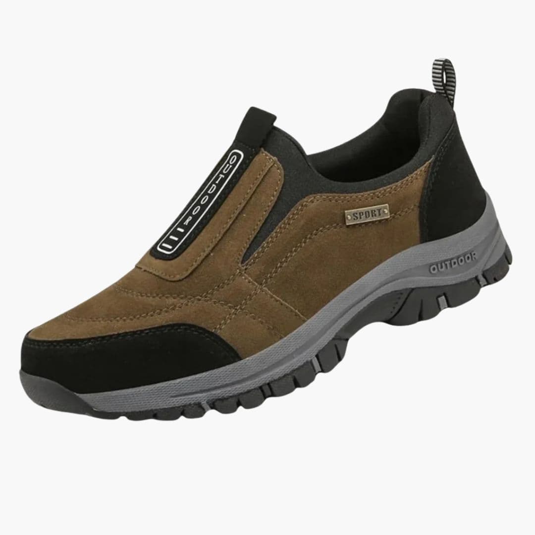 Men's slip-on hiking shoes with elastic gore, lace-free design, rugged all-terrain traction sole