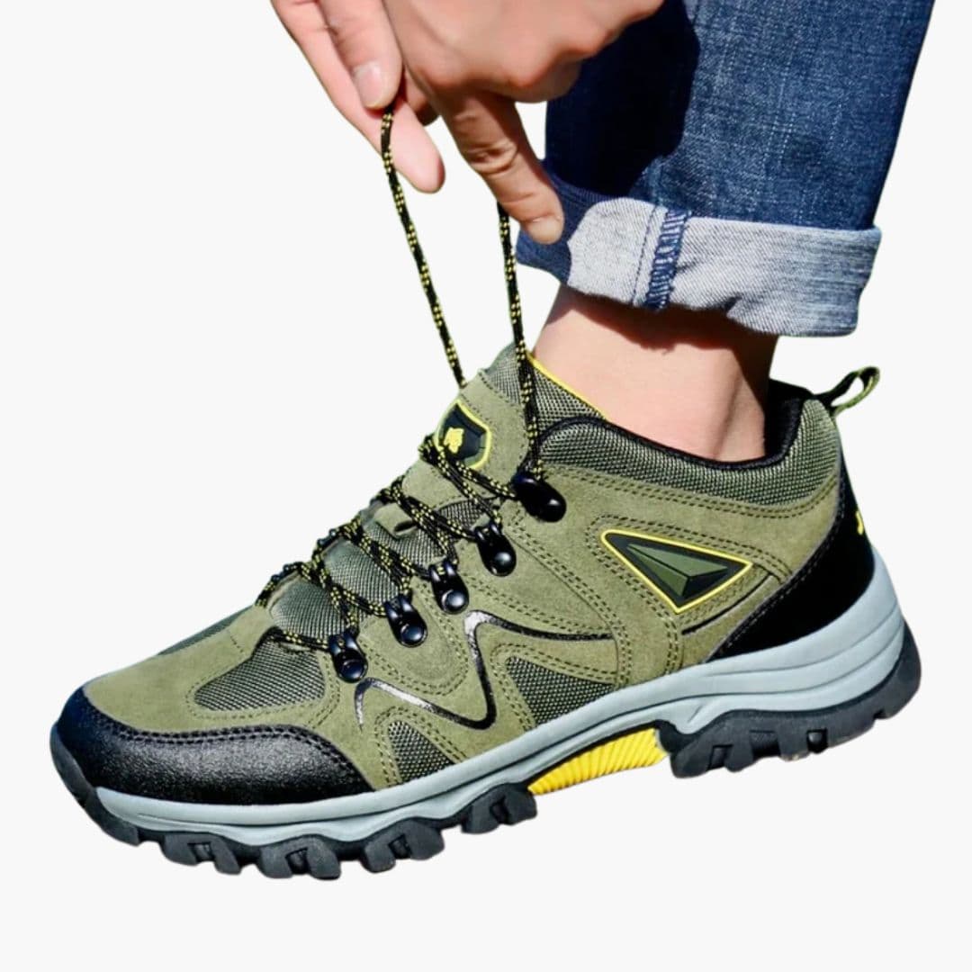 Men's trail hiking shoes with reinforced toe, durable laces, mesh panels, rugged lace-up design