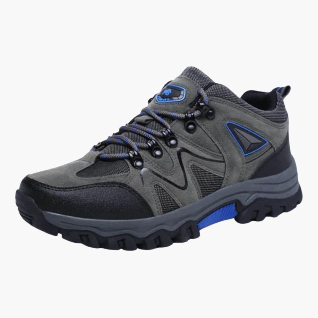 Men's trail hiking shoes with reinforced toe, durable laces, mesh panels, rugged lace-up design