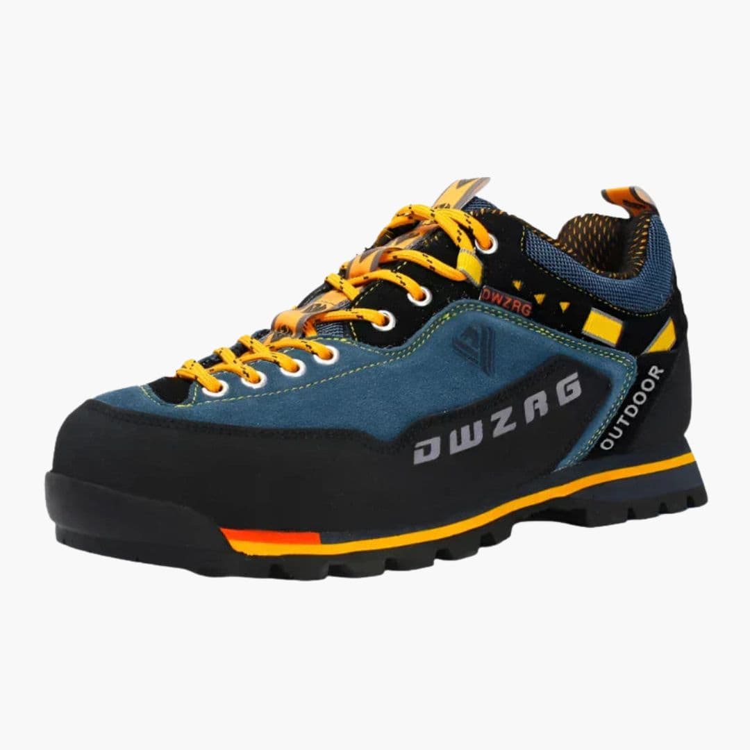 Men's gray mesh hiking shoes with lace closure, reinforced toe, and all-terrain grip sole