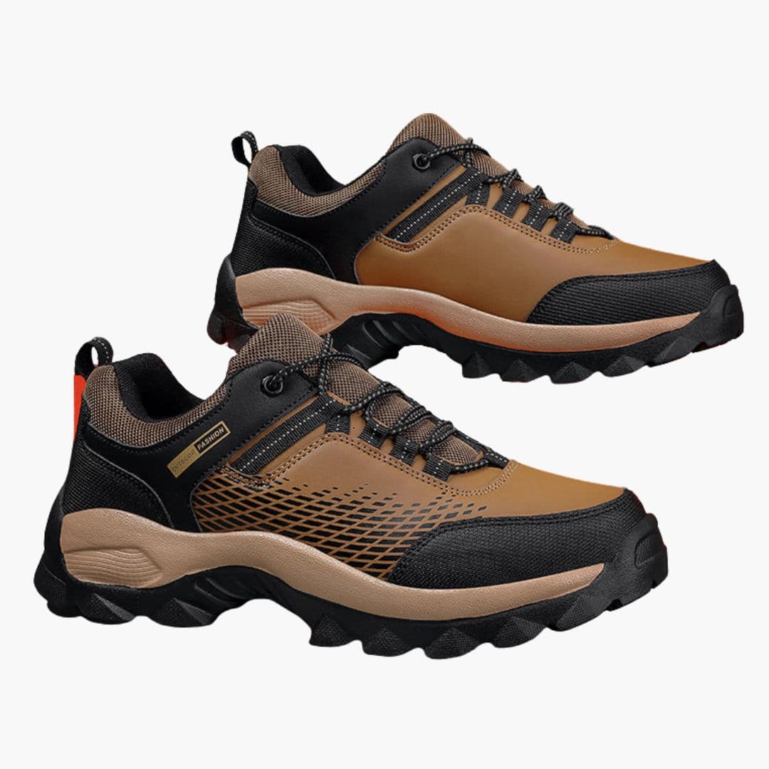 Men's gray mesh hiking shoes with flexible sole, lace-up closure, breathable upper for trail walking