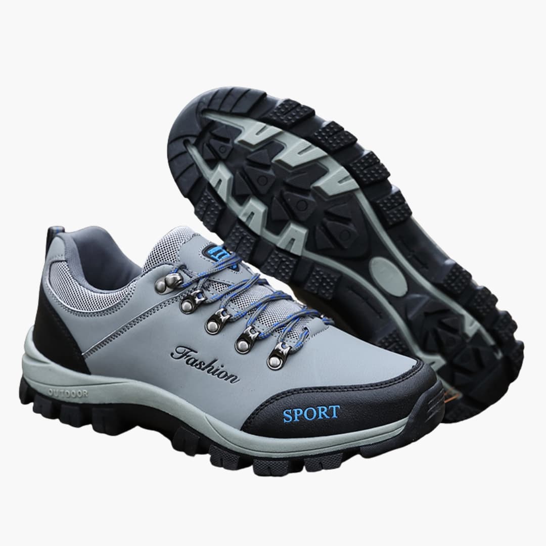 Men's lace-up hiking shoes brown cleated traction sole padded collar trail comfort metal eyelets