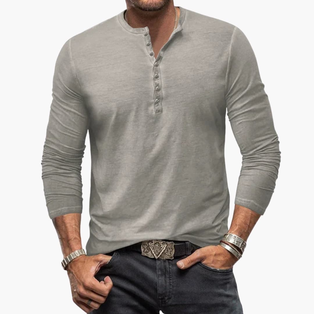 Men's long-sleeve Henley shirt gray cotton casual fit ribbed cuffs button placket everyday wear