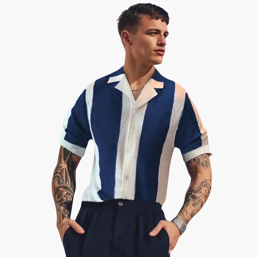 Men's vertical striped short sleeve shirt classic collar slim casual everyday essential