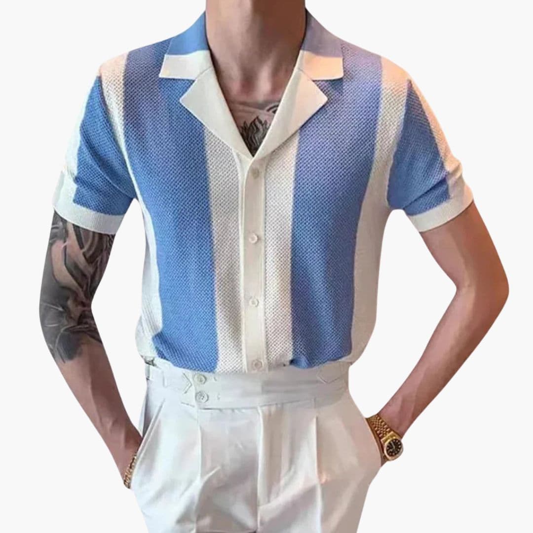 Men's vertical striped short sleeve shirt classic collar casual everyday essential slim fit