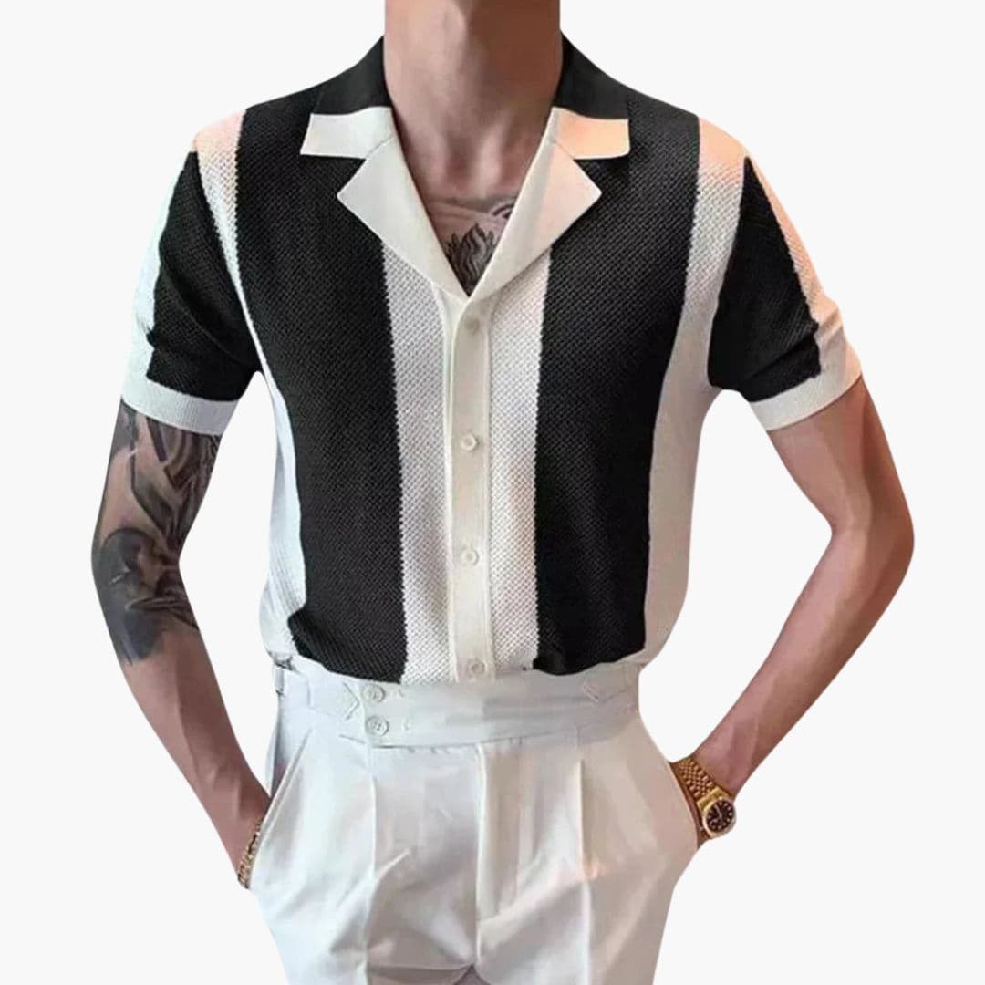 Men's vertical striped short sleeve shirt classic collar slim fit casual everyday essential