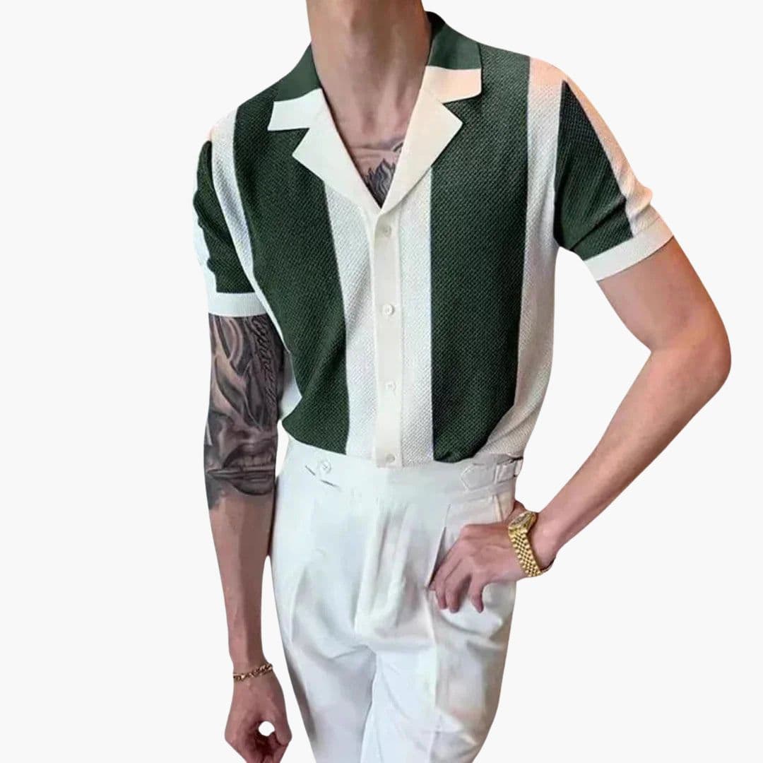 Men's vertical striped short sleeve shirt classic collar button-up casual everyday essential