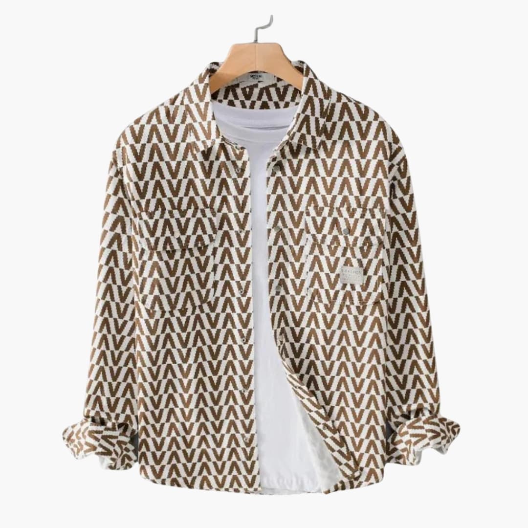 Men's geometric pattern long sleeve button-down shirt with chest pockets, smart-casual everyday style