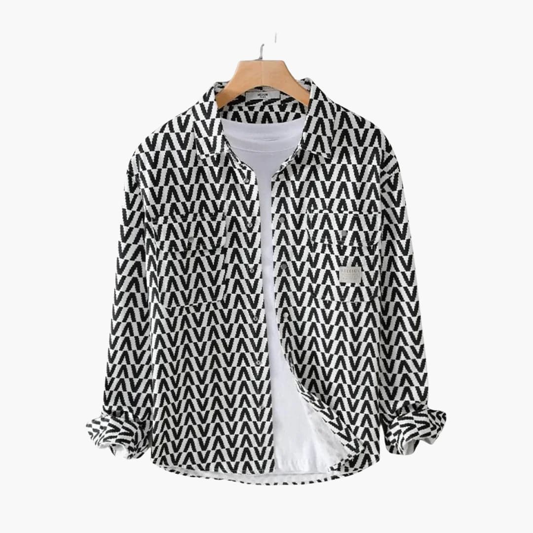 Men's geometric pattern long sleeve button-down shirt with chest pockets, smart-casual everyday style